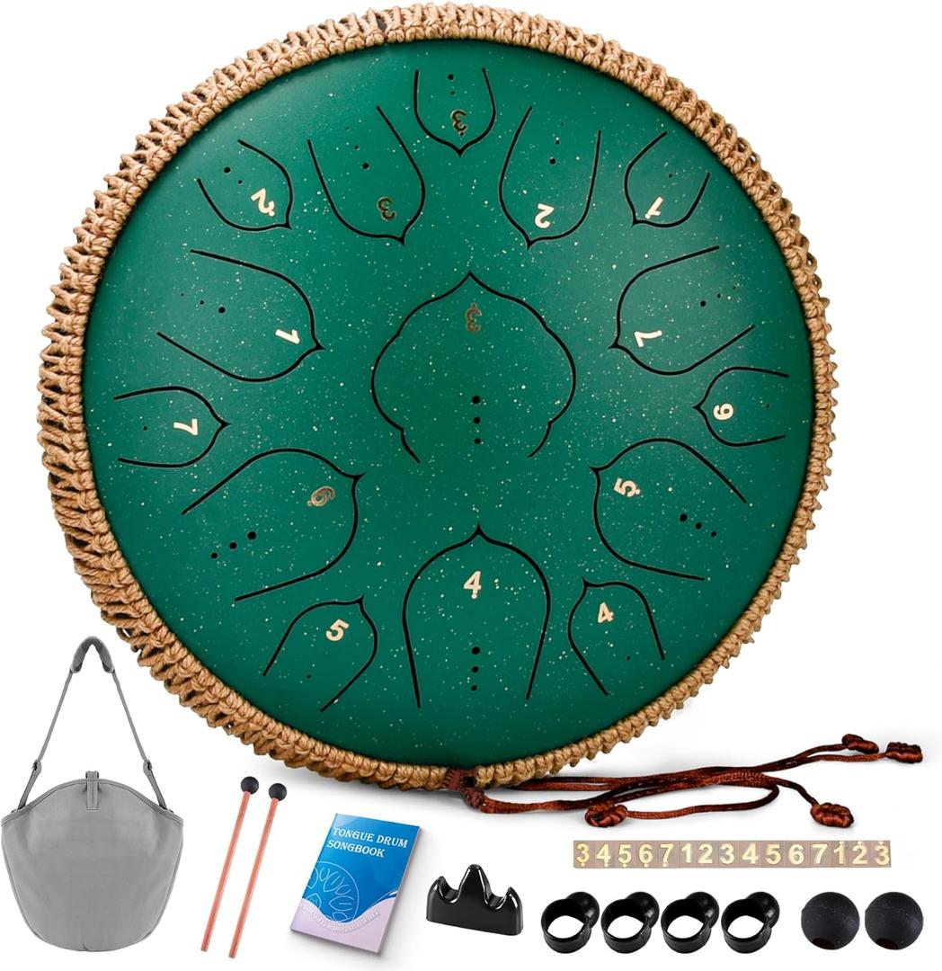 Steel Tongue Drum -15 Notes steel Drum - 14 Inch Tongue Drums Instrument, Hand Pan Drums with Music Book, Handpan Drum Mallets and Carry Bag, D Major Green