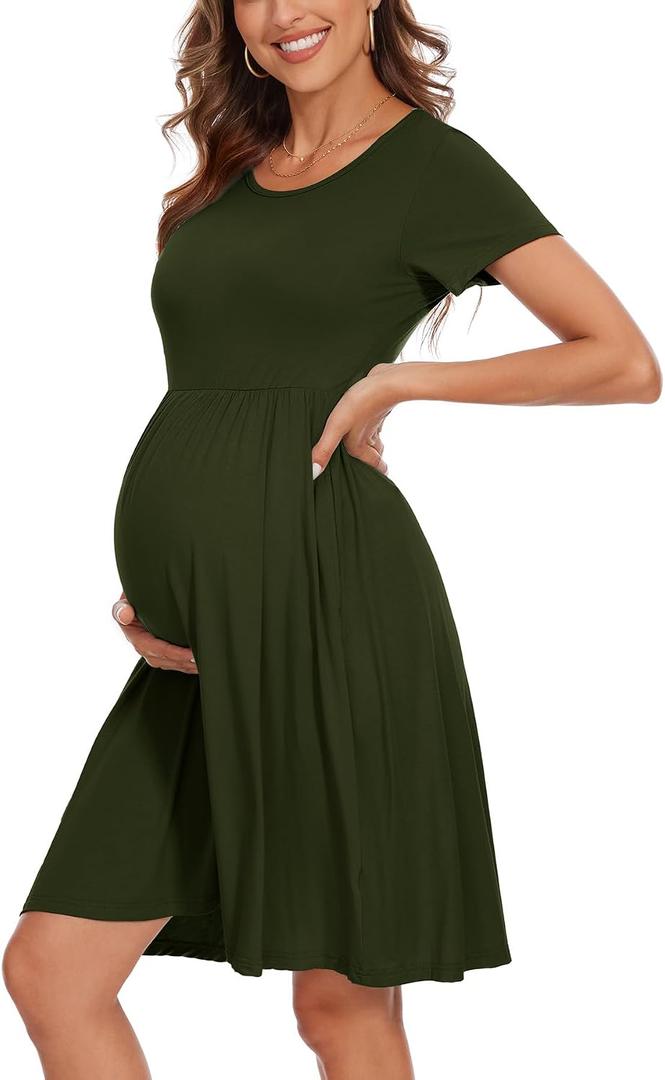 Women's Short Sleeve Maternity Dress Patchwork Pregnancy Clothes with Pockets, Large