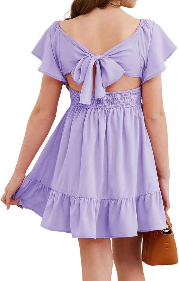 DOKOTOO KIDS Girls Elegant Ruffle Short Sleeve Back Tie Dresses 6-13 Years Old (Purple, XXL)