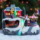 MOMENTS IN TIME Animated Musical Christmas Village 8.5H Light Up Holiday Scene with LED Lights Moving Train & Carousel Battery Operated Christmas Tabletop Decoration