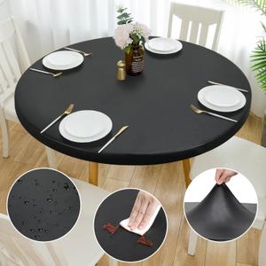 Double Design PU Round Tablecloth, Anti-Tear Wipeable Elastic Round Tablecloth, Soft-Touch Fitted Table Cloth, Waterproof Oil-Proof Table Cover (Black, 36"-39" Round)