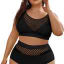 Floerns Women's Plus Size Bathing Suit Fishnet High Waist Bikini Set Rave Outfit (Black, XXXL)