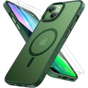 Miracase Magnetic for iPhone 13 Case 6.1 inch (Compatible with MagSafe)with 2X Screen Protectors Military-Grade Protection, Anti-Fingerprint Translucent Matte Phone Case Cover, Dark Green