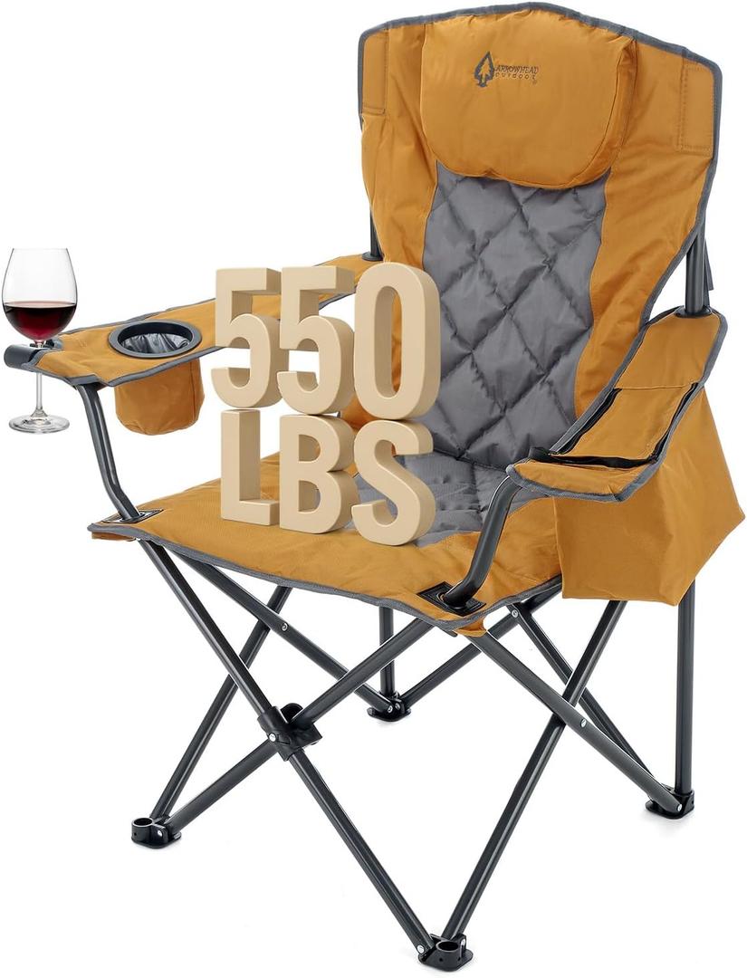 ARROWHEAD OUTDOOR Portable Deluxe Folding Camp Quad Chair w/Headrest, Glass & Cup Holders, Armest 6-can Cooler, Heavy Duty Carry Bag, 550 lbs Weight Capacity (Tan)