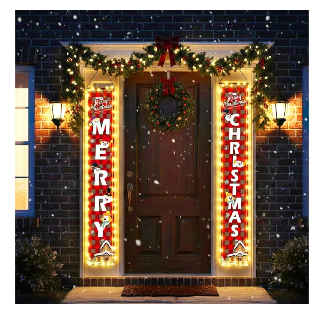 Yanleen Christmas Decorations Outdoor Merry Christmas Banner with String Lights Xmas Porch Door Welcome Sign Hanging Christmas Decor Indoor for Home Holiday Outdoor Wall Front Door Yard Garage