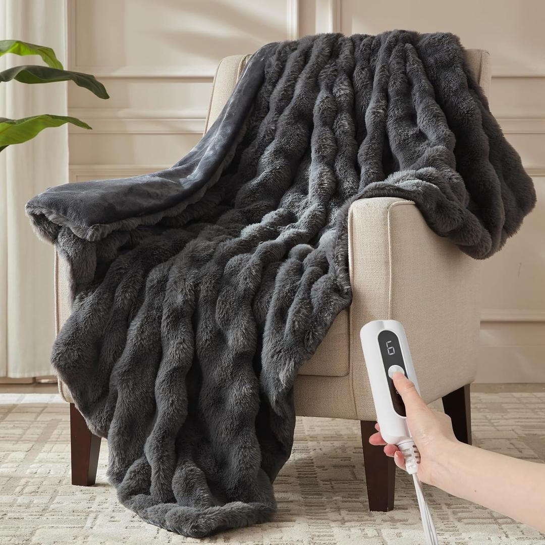 Heated Throw Blanket - Plush Thick Bubble Faux Fur Heated Blanket, Fast Heating Electric Blanket 6 Heating Levels & 4 Hours Auto-Off, Machine Washable, 50"x60", Dark Grey
