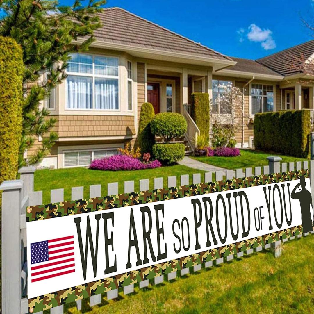 Camouflage We Are So Proud Of You Backdrop Banner,Veterans Day Memorial Day Independence Day Deployment Returning Back Military Army Retirement Party Decor