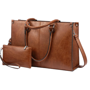 LOVEVOOK Laptop Tote Bag for Women, 15.6 Inch Large Capacity Vintage Leather Work Computer Bag, Business Casual Shoulder Handbag, Dark Brown