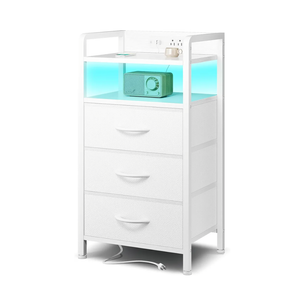 Night Stand Bedside Charger Bedroom - Nightstand with Charging Station, Bed Side Table with LED Light Strip, End Table with U-S-B Ports & AC Outlets, Storage Shelf & 3 Fabric Drawers, White