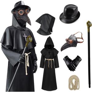 Plague Bird Doctor Mask Steampunk Costume Halloween Hooded Cloak Hat Gloves Black Robe Horror Scary Adult Teens Party Props (Large)