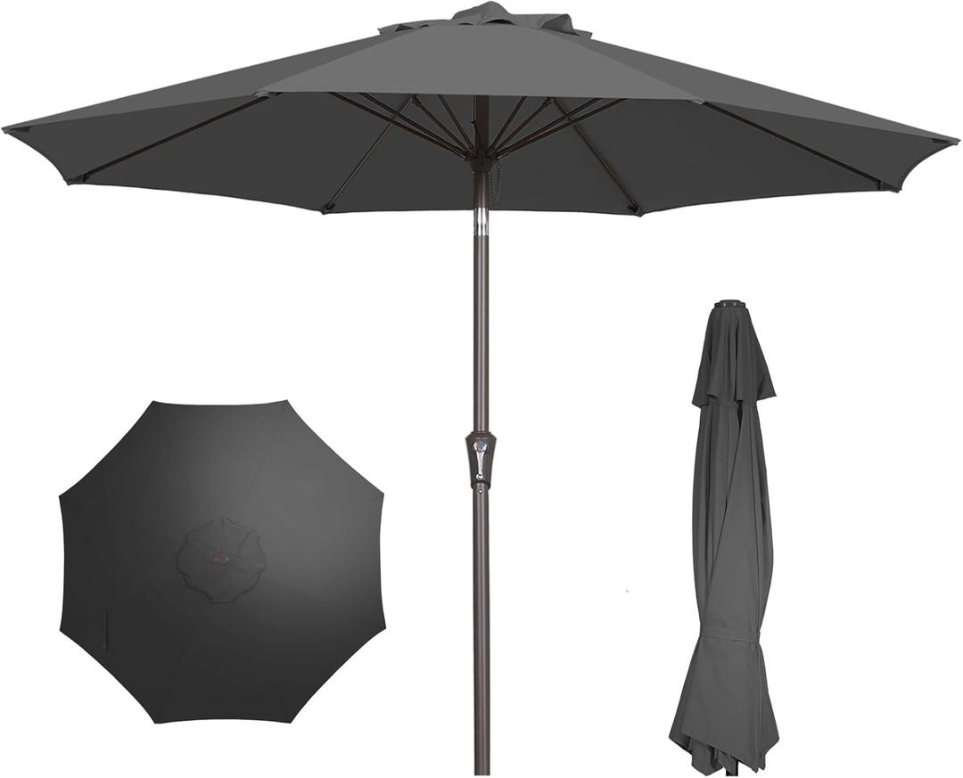 PatioKingdom 9FT Patio Outdoor Umbrella-UPF 50+ Sun Shade with Wind Vent, Push-Button Tilt & Smooth Crank Lift, Rust-Resistant Fiberglass Frame for Garden, Backyard,Yard (Gray)