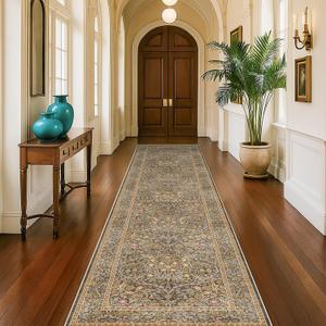 Brown 2'6" x 10' Hallway Runner Rug Non Slip - Washable Kitchen Rug Stain Resistant, 10ft Extra Long Thin Entryway Indoor Mats, Soft Boho Vintage Gold Brown Floral Indoor Carpet Runner Dcor Low Pile