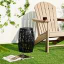 Glitzhome 18.25" H Iron Side Table with Solar Powered Light,Outdoor Cutout Drum Garden Stool Solar Lanterns,Decorative Metal Accent Table End Table Plant Stand for Indoor Outdoor,Black (Black)