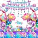 Winrayk Purple Mermaid Party Decorations Birthday Supplies for Girls, Large Foil Balloon with Birthday Banner/ Shell Garland/ Tablecloth/ Metallic Balloon/ Cake Topper, Little Mermaid Party Decoration