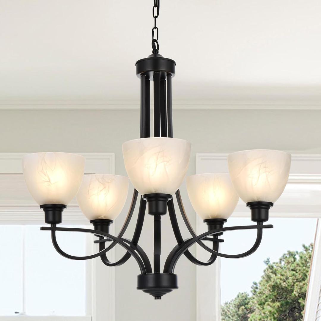 VINLUZ 5 Light Farmhouse Chandelier Classic Pendant Lighting Black Finish with White Frosted Glass Shades for Kitchen Dining Room Living Room