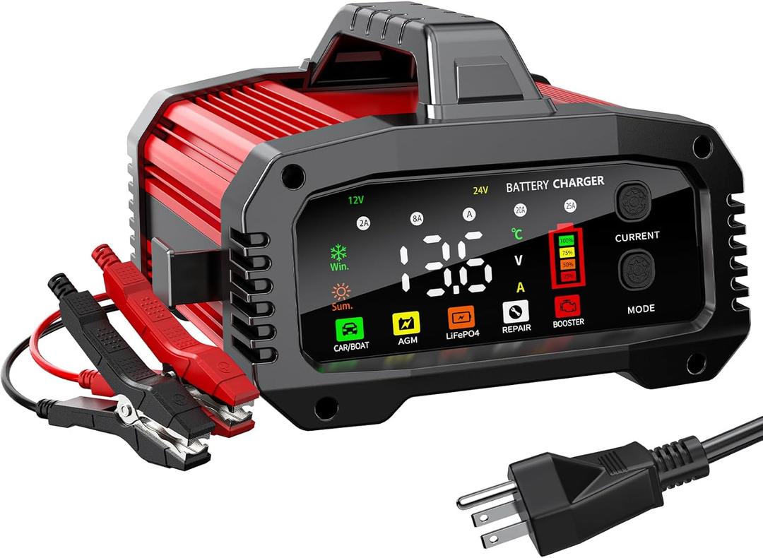 Battery Charger 0-25A, Smart Car Battery Charger and Maintainer 12V/24V LiFePO4 & Lead Acid Compatible with Temperature Compensation, for Car Truck Motorcycle Lawn Mower Boat Marine RV ATV SUV