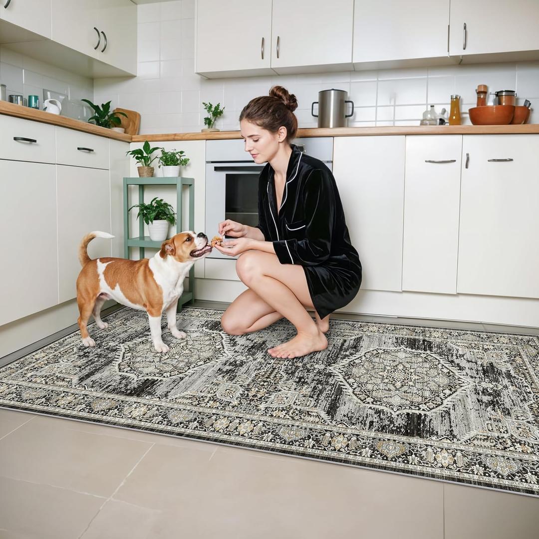 Washable 3x8 Hallway Runner Rug: Oriental Indoor Soft Non-Slip Carpet for Kitchen Bathroom Entryway Thin Stain Resistant Floor Mat for Living Room Bedroom Laundry (Black,3x8)