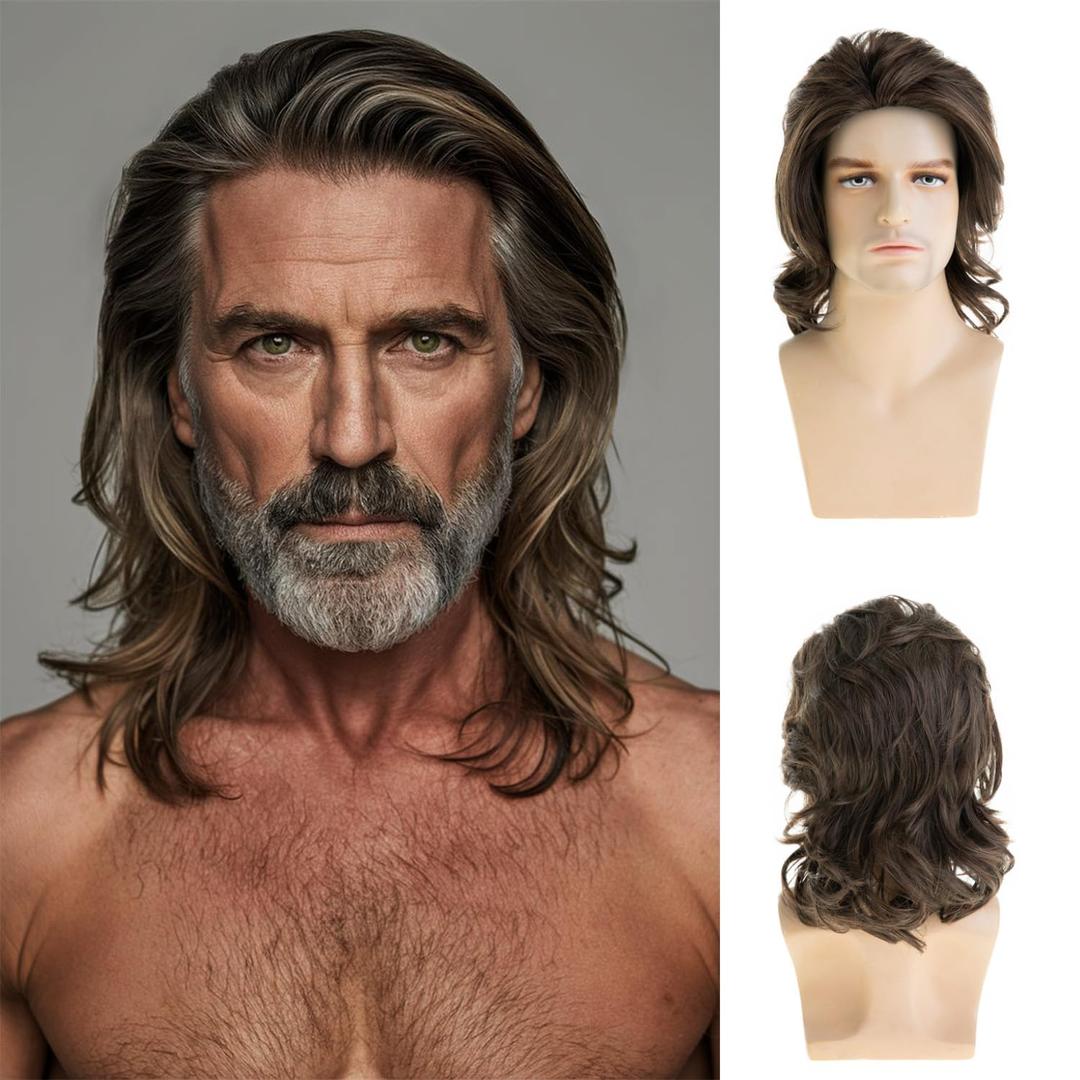 Sallcks Short Curly Brown Wigs for Men Mid Length Natural Looking Synthetic Wig for Daily Party Costumes