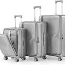 3 Piece Luggage Set 100% PC Hardshell, Front Opening Expandable Suitcase (20/24/28) with Laptop Compartment & Free Custom PVC Covers, Trunk Style Lightweight Spinner Wheels TSA Lock (Silver)