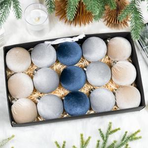 3.15 Inch Velvet Christmas Tree Ornaments15 Pcs Christmas Balls Bulk Set Plastic Shatterproof Xmas Hanging Ornaments Decorations for Tree Garland(Blue Gray Brown)