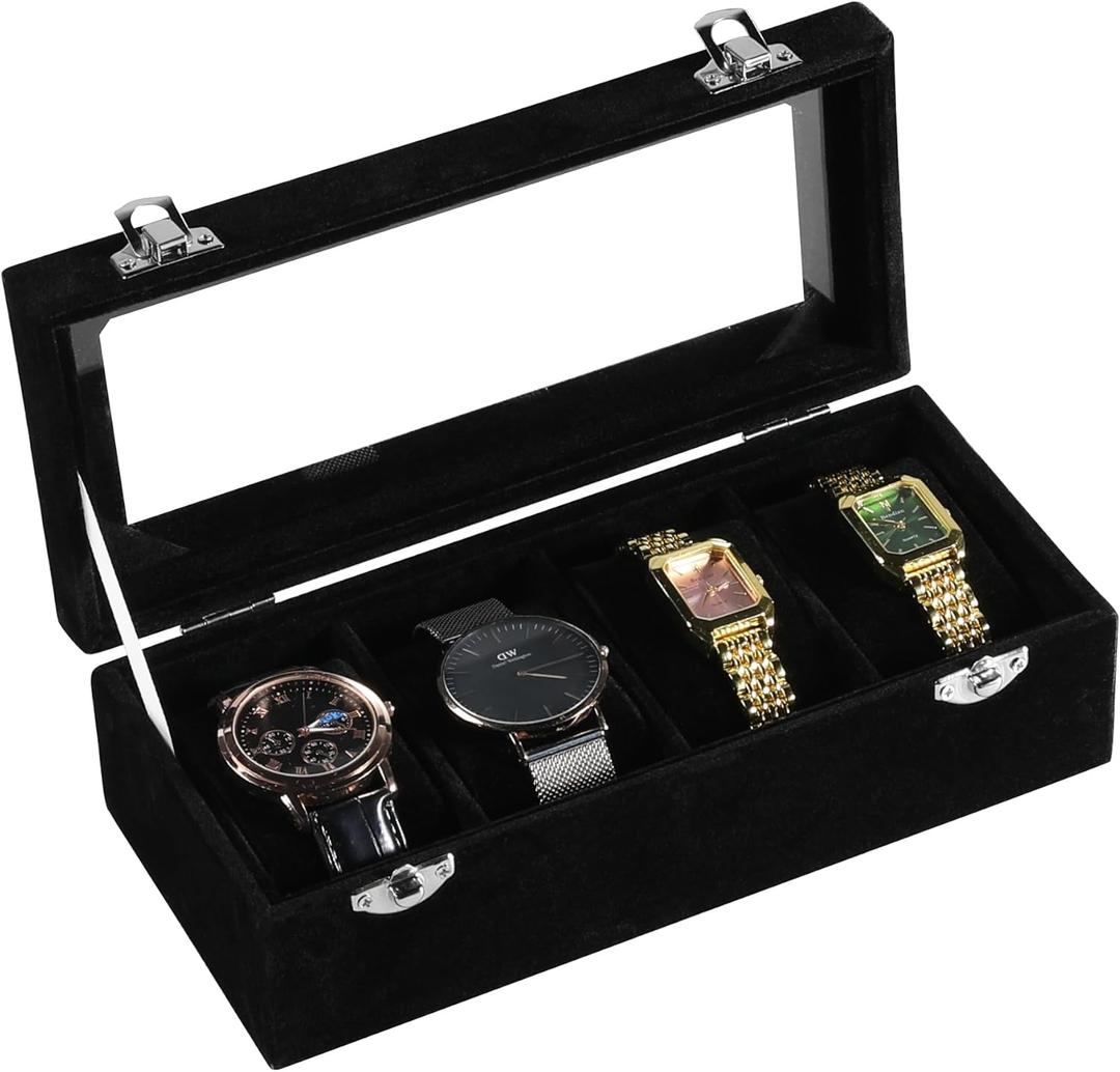 4-Slot Watch Box,Velvet Watch Case with Glass Lid,Watch Organizer Box for Men and Women,Lockable Watch Storage,Watch Display Case,Ideal Gift (Black)