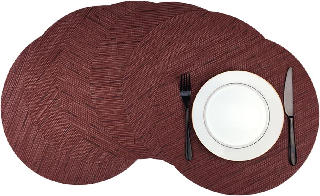 WAZAIGUR Round Placemats Set of 6 Woven Vinyl Easy to Clean Heat Resistant Kitchen Table Mats 15 Inch (Red)