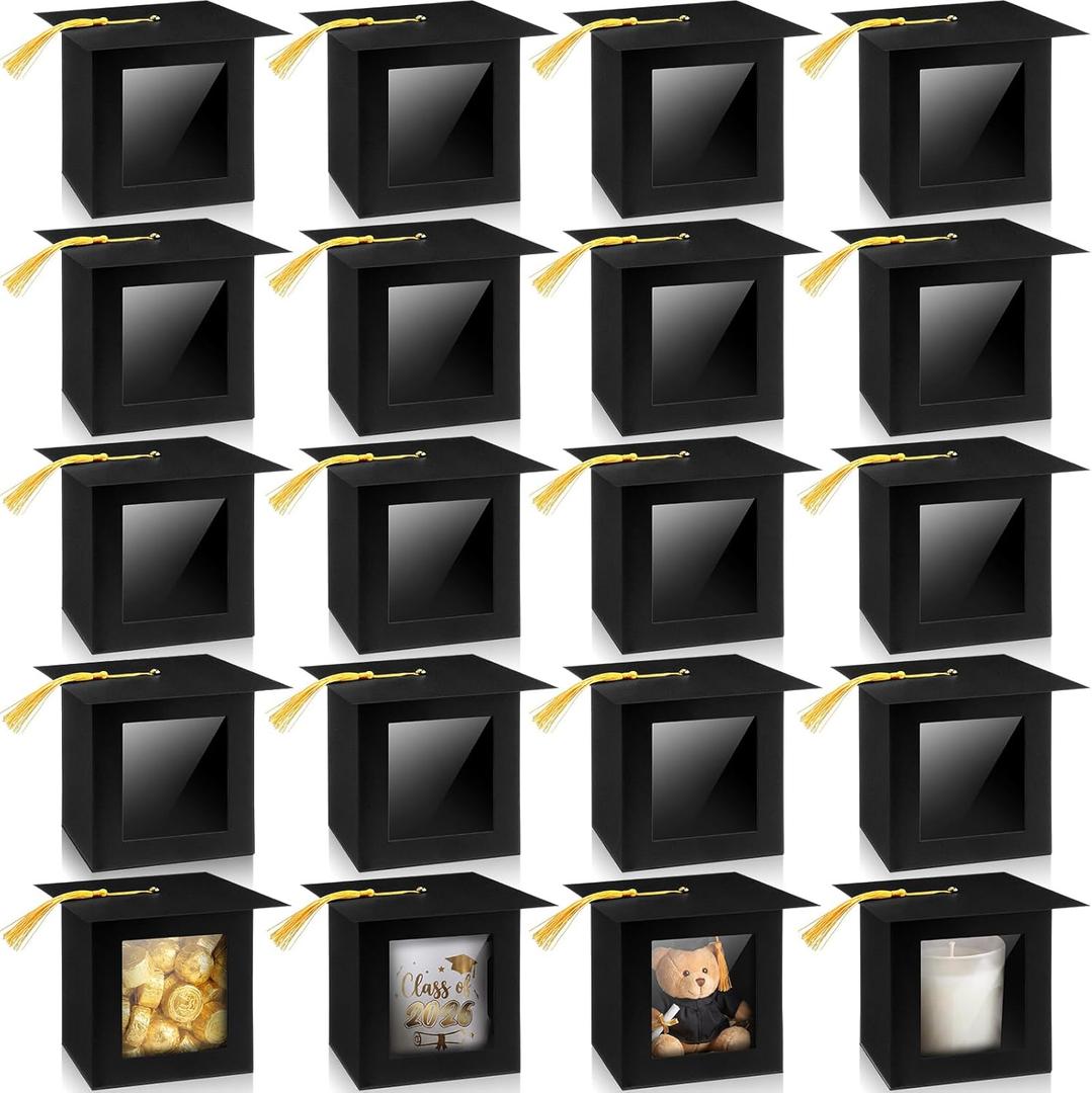 Kolldenn 20 Pcs Large Graduation Cap Gift Boxes 4.5 x 3.5 x 4.8 Inches with Clear Window Grade Hat Box with Gold Tassel for Mug Candle Candy Cupcake Chocolate for 2026 Graduate Party Favor Decoration