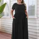 Nemidor Plus Size Maxi Dresses for Curvy Women Summer Casual Loose Short Sleeve Long Beach Dress with Pocket (Black, XL)