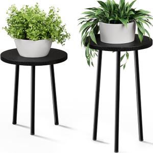 Plant Stand Indoor Tall: Corner Wood Plant Stand 2 Pack Mid Century Modern Decor - Small Round Plant Table for Indoor Plants - Outdoor Plant Holder for Patio Living Room Bathroom Office (Black)