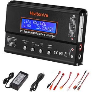 Lipo Battery Charger, 1S-6S Balanced Charger Discharger, 1-6S Lipo Li-ion NiMH NiCD Li-Fe Battery with Tamiya XT60 Deans Futaba Connector (black)