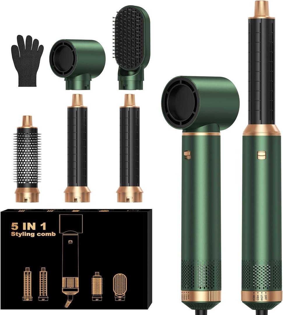 5 in 1 Blow Dryer Brush, Upgrade Hair Dryer Brush Set Negative Ion Air Styler Curling Wrap Air Curler, Hot Air Brush Curling Iron Hair Styling Tools As A Gift for Straight/Curl/Dry/Smooth (Gold)