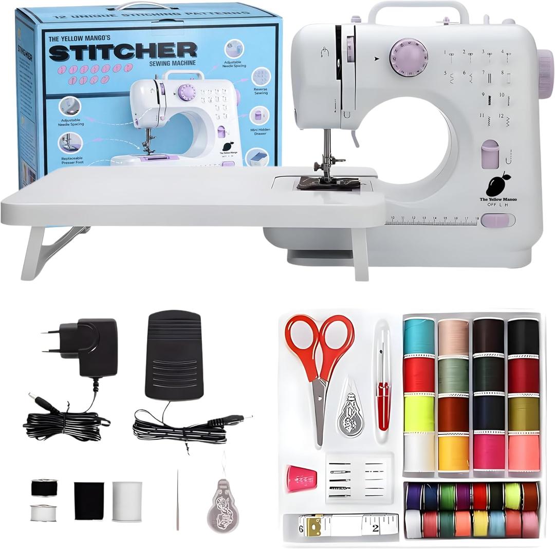 Sewing Machine, Basic Sewing Machine with Foot Pedal, Stitching Machine For Children With Sewing Kit, Dual Threads Electric Tacking Machine for Beginners (Table + Kit) (Purple Accent)