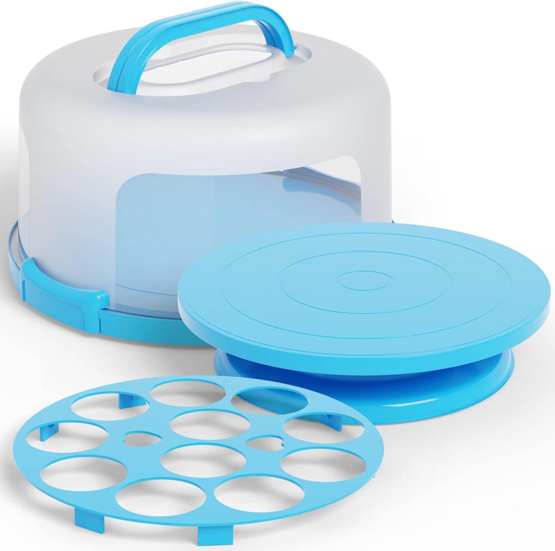 Cake Cupcake Carrier with Lid and Handle + Cake Stand Plate with Dome | 10" Round Cake Container Holder with Cover | Plastic Pie Carrier Cake Storage Container | Bunt Keeper Platter Tray for Transport (Blue)