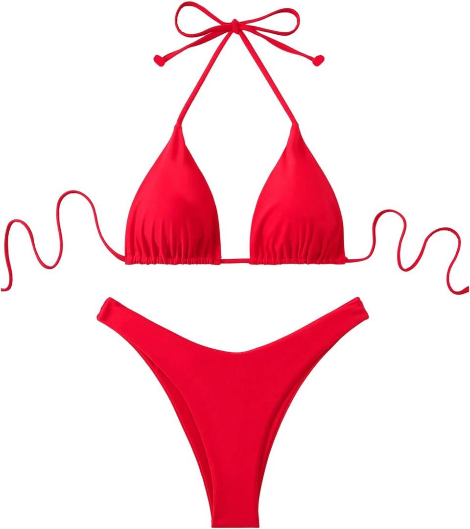 GORGLITTER Women's High Waisted Thong Bikini Set Halter Triangle Tie Back Swimsuit Bathing Suit (Red), S
