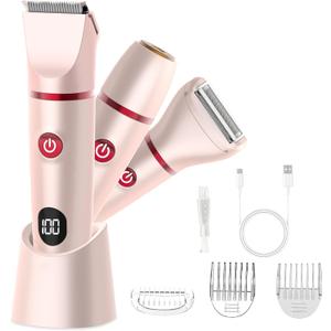 Bikini Trimmer for Women, Electric Razor for Pubic Hair 3-in-1, Bikini Shaver for Legs Body Hair, Womens Electric Razor IPX6 Waterproof, Gifts for Women, Pink
