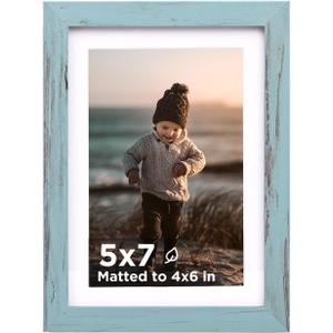 KINLINK 5x7 Picture Frame Turmaline Blue, Wooden Photo Frame Matted 4x6 with Plexiglass for 4x6 with Mat or 5x7 without Mat for Table and Wall Display