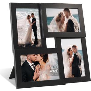 4x6 Collage Picture Frame with Real Glass, 4 Opening Wooden Photo Collage Frame with Stand, Family Multi Picture Frame for Wall or Tabletop Display, 4 Photo Gallery Frame for Home Decor, Black