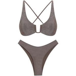 ZAFUL Women's Two Piece Swimsuit Textured U-Wired Metal Criss Cross String Bikini High Leg Bathing Suits. Large