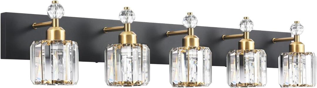 PRESDE Modern Black Crystal Bathroom Vanity Light for Bathroom 5 Light Vanity Lighting Fixtures Over Mirror Wall Sconce