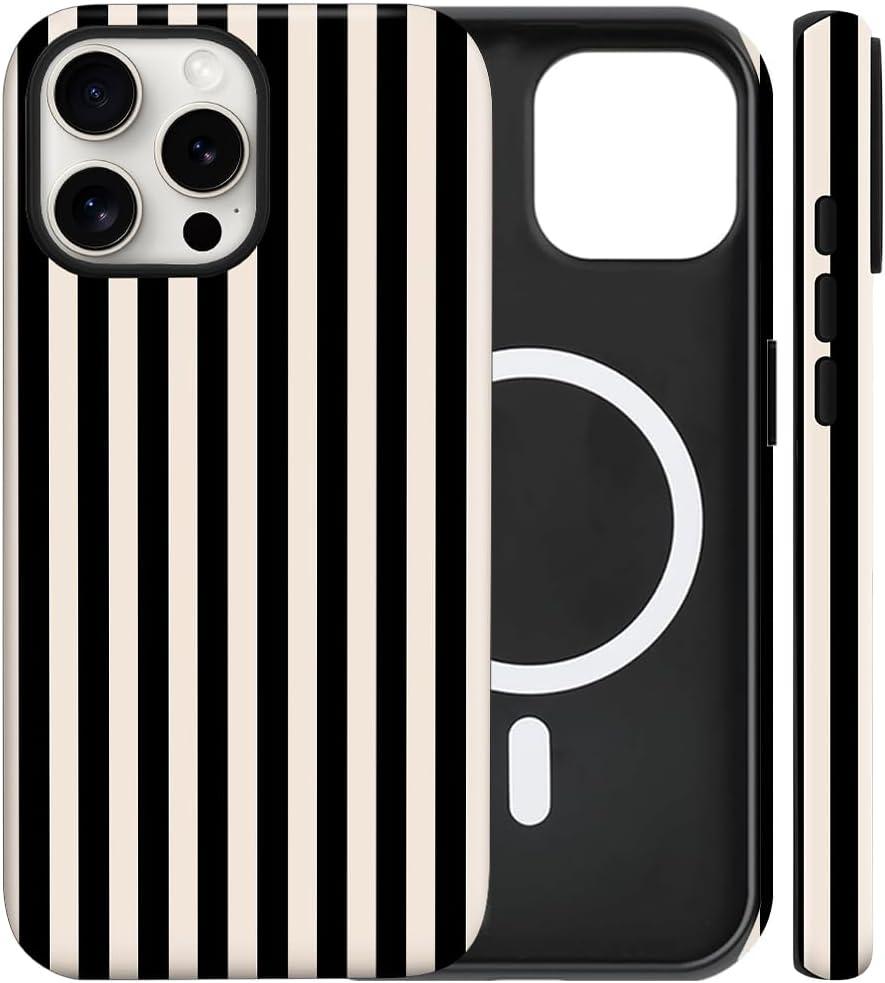 Magnetic for iPhone 15 Case Cute Stripes Phone Case, Shockproof Slim TPU and Hard PC Protective Phone Cover Compatible with MagSafe Designed for Women Girls, Black and White