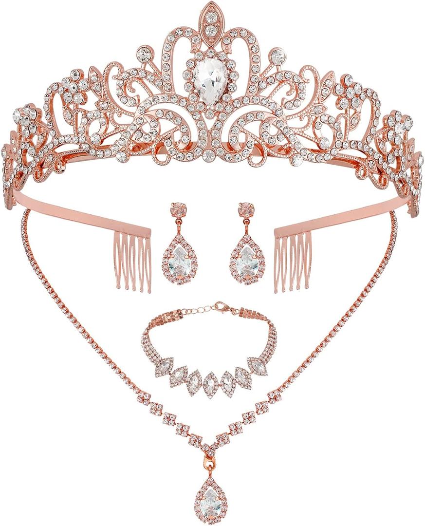 CIEHER 4/5 Pieces Women Jewelry Set - Rhinestone Crown + Drop Necklace + Elegant Bangle Bracelet + Crystal Teardrop Dangle Earrings for Bridal Wedding Party