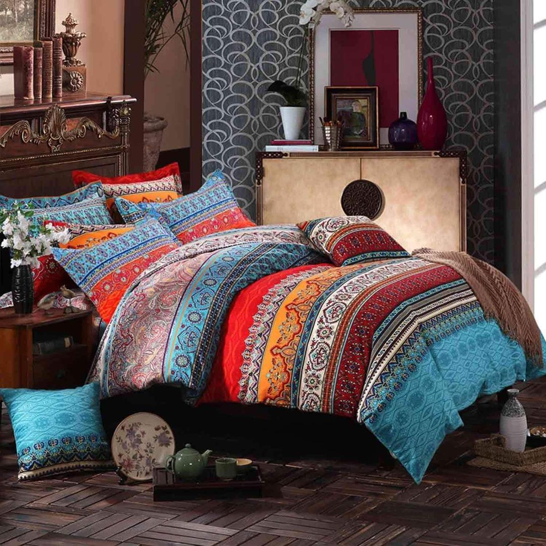Bohemian Twin Comforter Set Soft Chic 3 Pieces Bedding Comforter Set Lightweight Exotic Red Teal Boho Mandala Colorful Vintage Comforter Bed Set for All Seasons