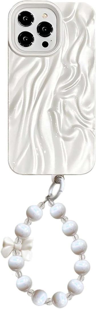 Aaknhen Compatible for iPhone 13 Pro Chain Case with Pearl Strap Aesthetic Water Ripple Curly Wave Shape Soft Silicone Protective Case for Women Girl(iPhone 13 Pro,Wrinkle) White