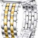 TOYOUTHS Designer Vintage Dressy Bracelet for Apple Watch Band Women 42/40/41/38/44/45/46/49mm, Stainless Steel Elegant Luxury Metal Strap for iWatch Series 11 10 9 8 7 6 5 4 SE/Ultra 3 2 1 (Silver Gold-Brushed&Shiny)