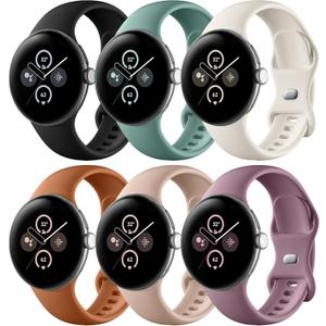 Maledan Band Compatible with Google Pixel Watch 4/3 41mm 45mm/ Google Pixel Watch Band for Men Women, 6 Pack Soft Silicone Waterproof Strap Replacement Sport Bands for Pixel Watch 1/2/3/4 Accessory, S (2-Black/Pine Green/Lunar White/Brown/Milk tea/Purple smoke)