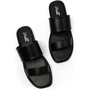 katliu Women's Flat Sandals Two Strap Slide Sandals Open Toe, 7.5, Black