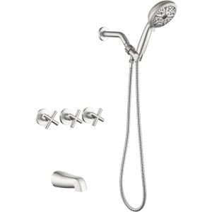 3 Handles Tub Shower Faucet Set with 10 Spray Handheld Shower 4.7 Inch Shower Handheld Shower Tub Kit Wall Mounted Shower System with Tub Spout Brushed Nickel Shower Fixtures Tub and Shower Trim Kit