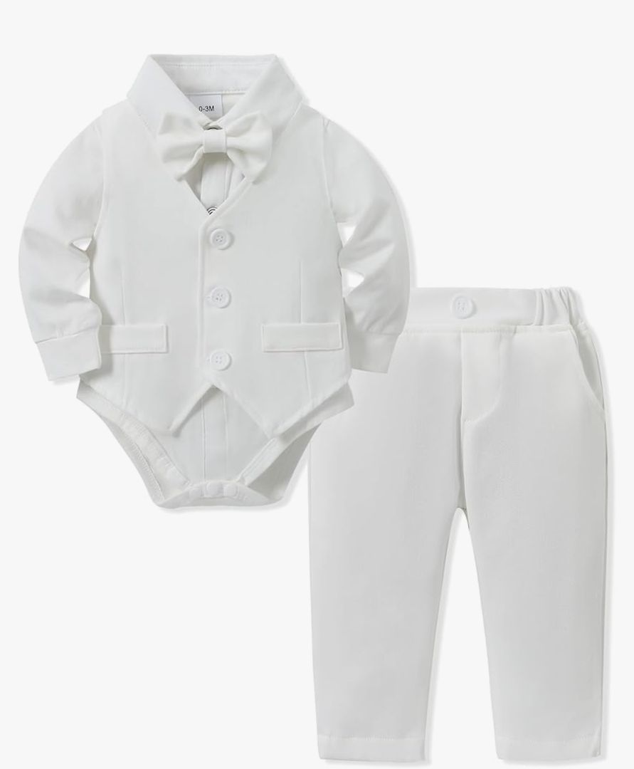 YALLET Baby Boy Clothes Suit 6 - 12 Months Infant Gentleman Outfits Formal Dress Shirt+Bowtie+Vest+Pants Set Baby Wedding Suits 3 Pcs