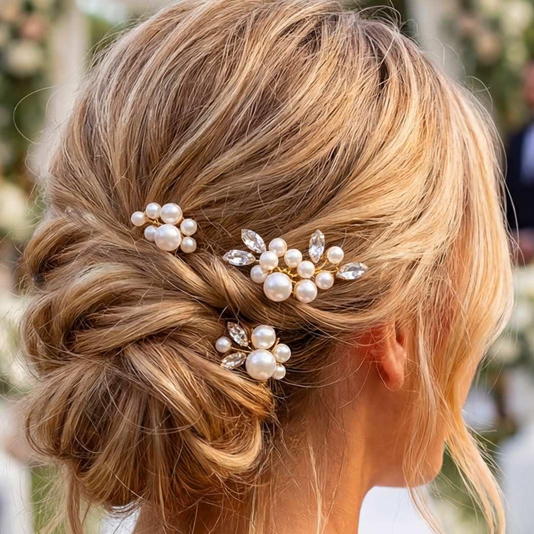 Kilshye Pearl Bride Wedding Hair Pins Gold Rhinestone Bridal Hair Pieces Crystal Prom Hair Accessories for Women and Girls (Pack of 3) (Gold)