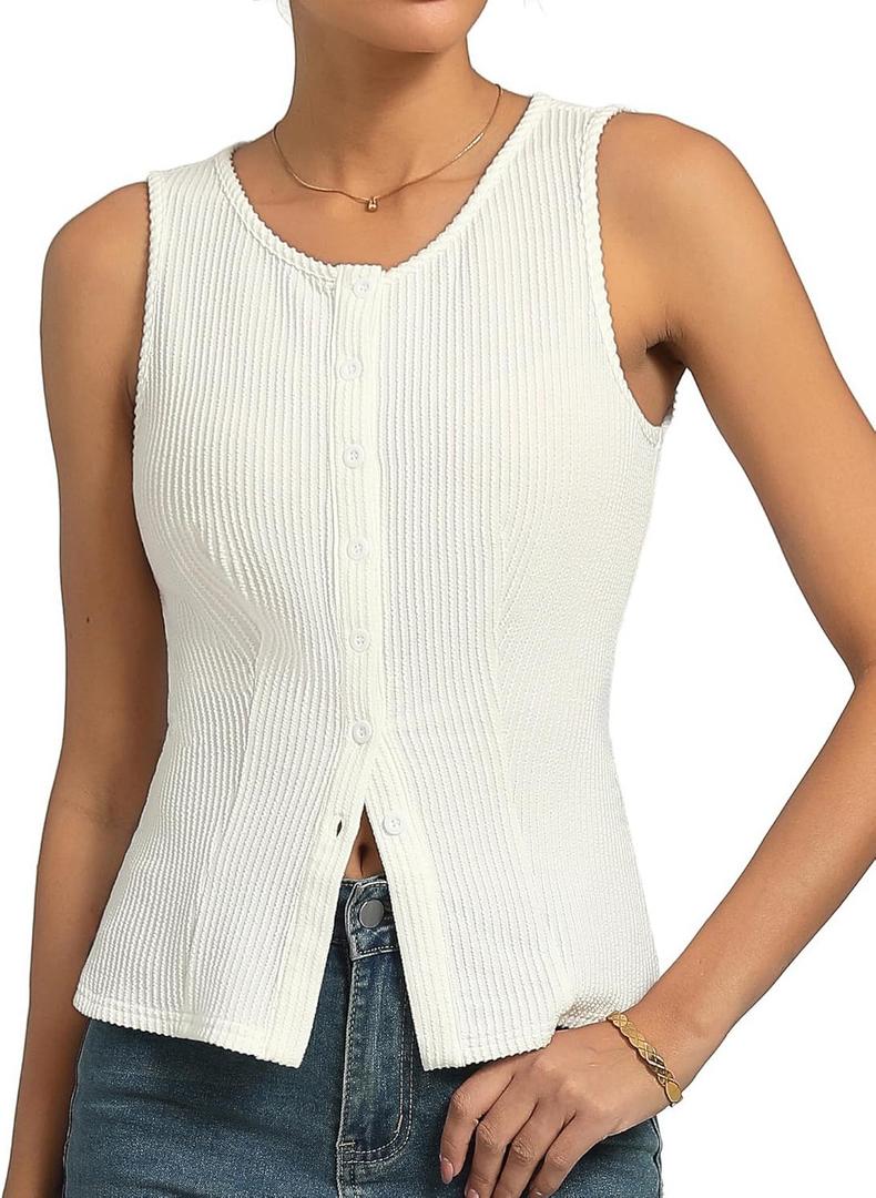 Kate Kasin White Sleeveless Tank Top Woman, Going Out Tops Trendy 2026, Button Up Ribbed Sweater Vest Summer L